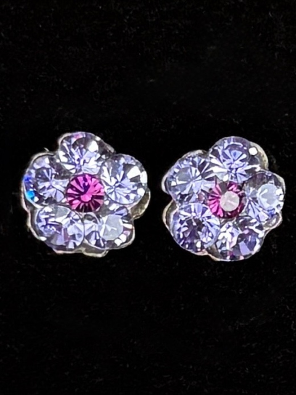 Vintage Purple and Pink Crystal Flower Stud Pierced Earrings